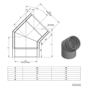Ofenrohr doppelwandig &Oslash; 130 mm ISO-Line Winkel 45&deg; - Edelstahl geb&uuml;rstet
