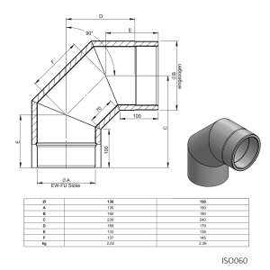 Ofenrohr doppelwandig &Oslash; 130 mm ISO-Line Winkel 90&deg; - Edelstahl geb&uuml;rstet