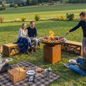 Gartenbank 180 cm mit Holzlager corten