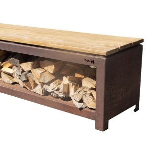 Gartenbank 180 cm mit Holzlager corten