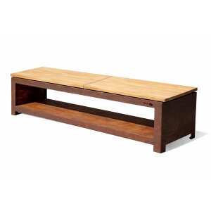 Gartenbank 200 cm mit Holzlager, corten