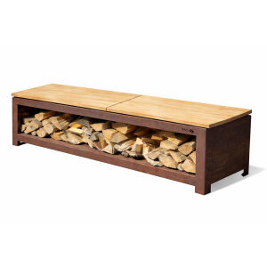 Gartenbank 200 cm mit Holzlager, corten