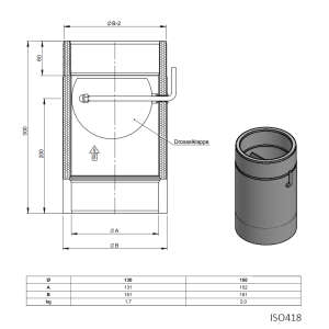 Ofenrohr doppelwandig &Oslash; 130 mm ISO-Line L&auml;ngenelement 300 mm mit Drosselklappe - Edelstahl geb&uuml;rstet