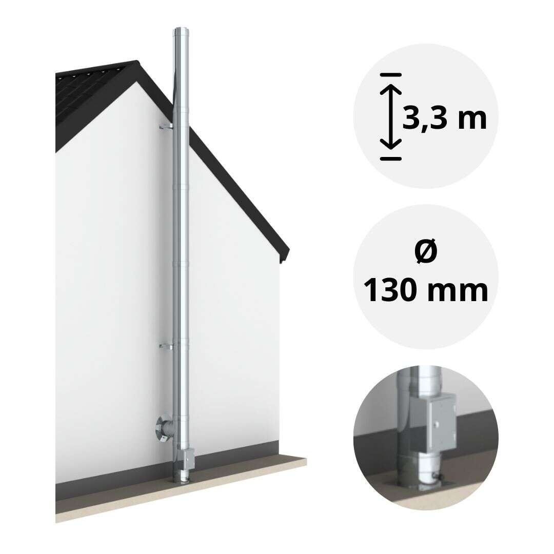 3,3 m - DW-ECO 2.0 Edelstahlschornstein Ø 130 mm Komplettset doppelwandig Bodenmontage