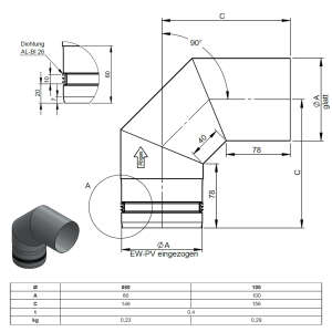 Pelletofenrohr 90&deg; Bogen dreiteilig - &Oslash; 80 mm - Edelstahl