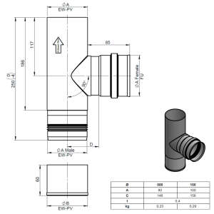 Pelletofenrohr T-St&uuml;ck 90&deg; - &Oslash; 80 mm - mit Kondensatschale - Abgang Muffe - Edelstahl