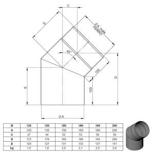 &Oslash; 120 mm Ofenrohr Bogen 45&deg; - schwarz