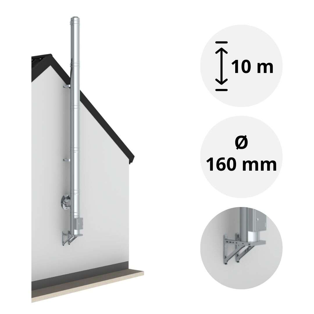Ø 160 mm - 10 m DW FU Doppelwandiges Schornstein Set Wandmontage Hochglanz