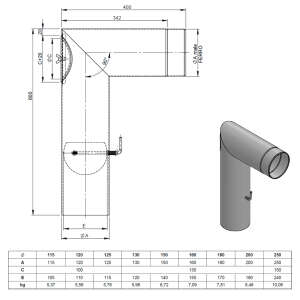 &Oslash; 120 mm Ofenrohr Bogen zweiteilig lang - mit T&uuml;r und Drosselklappe - schwarz