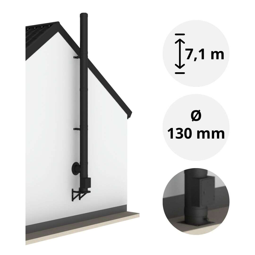 7,1 m Edelstahlschornstein Ø 130 mm Komplettset doppelwandig DW-Black Bodenmontage